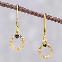 24k Gold Plated Black Onyx Dangle Earrings from Thailand,'Rustic Modern'