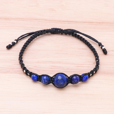 Lapis lazuli beaded macrame bracelet, 'Blue Way' - Hill Tribe Lapis Lazuli Beaded Macrame Bracelet