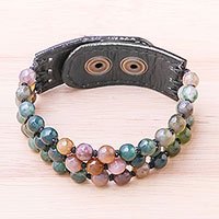 Armband mit Achat- und Lederperlen, „Nature Mood“ – Handgefertigtes Armband mit Druckknopfverschluss aus Achat und Lederperlen