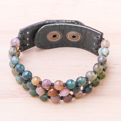 Agate and leather beaded bracelet, 'Nature Mood' - Handmade Agate and Leather Beaded Snap Clasp Bracelet