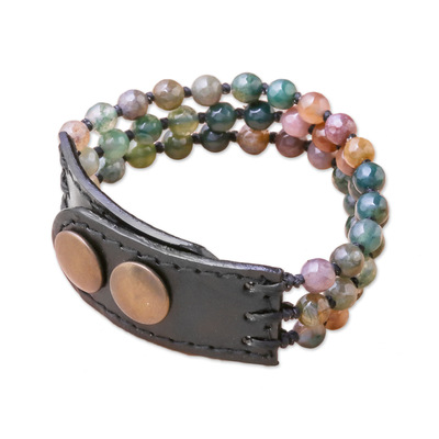 Agate and leather beaded bracelet, 'Nature Mood' - Handmade Agate and Leather Beaded Snap Clasp Bracelet