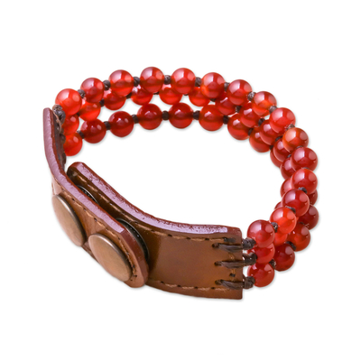 Carnelian beaded bracelet, 'Nature's Desire' - Handmade Carnelian and Leather Beaded Snap Clasp Bracelet
