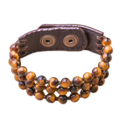 Leather accented tiger's eye beaded bracelet, 'Nature's Intrigue' - Handmade Tiger's Eye and Leather Beaded Snap Clasp Bracelet