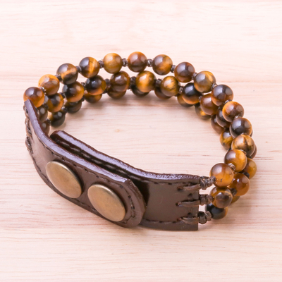 Leather accented tiger's eye beaded bracelet, 'Nature's Intrigue' - Handmade Tiger's Eye and Leather Beaded Snap Clasp Bracelet