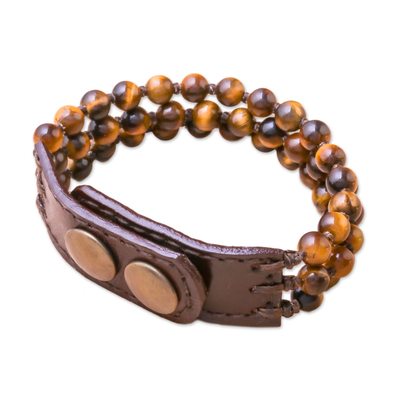 Armband aus Tigerauge-Perlen mit Lederakzent - Handgefertigtes Tigerauge- und Lederperlen-Schnappverschluss-Armband