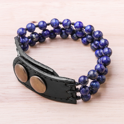 Lapis lazuli beaded bracelet, 'Nature's Wish' - Handmade Lapis Lazuli and Leather Beaded Snap Clasp Bracelet