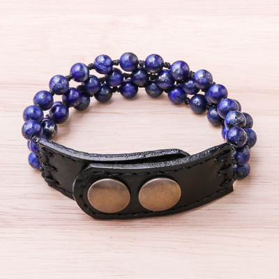Lapis lazuli beaded bracelet, 'Nature's Wish' - Handmade Lapis Lazuli and Leather Beaded Snap Clasp Bracelet