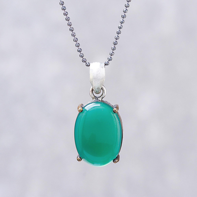 Gold accented onyx pendant necklace, 'Shamrock Pool' - Green Onyx Oval and Sterling Silver Pendant Necklace
