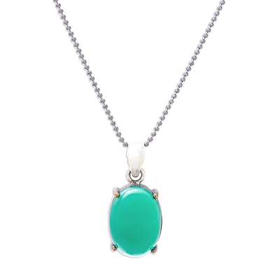 Gold accented onyx pendant necklace, 'Shamrock Pool' - Green Onyx Oval and Sterling Silver Pendant Necklace