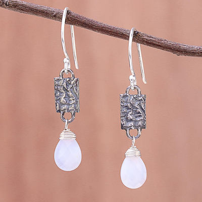 Chalcedony dangle earrings, 'Facets and Folds' - Chalcedony and Textured Sterling Silver Dangle Earrings