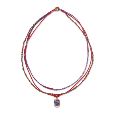 Cotton and wood beaded pendant necklace, 'Joyful Jumble' - Many Strands Blue and Red Wood Cotton Brass Pendant Necklace