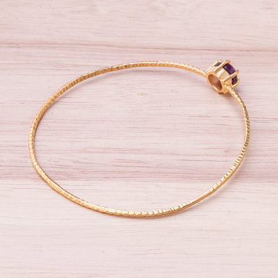 Amethyst bangle bracelet, 'Twilight Star' - Amethyst and 18K Gold Plated Hammered Brass Bangle Bracelet