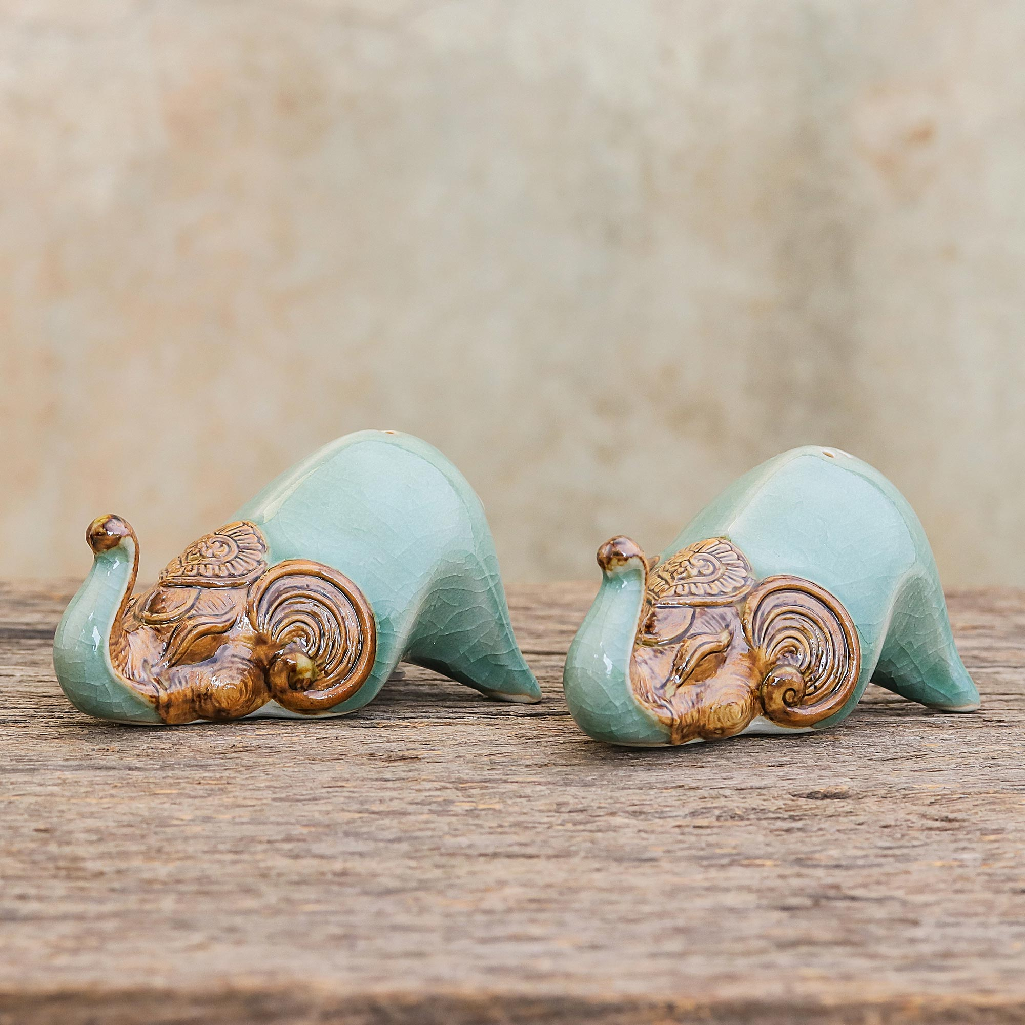 Celadon Ceramic Elephant Salt and Pepper Shakers (Pair) - Calm Elephan –  GlobeIn