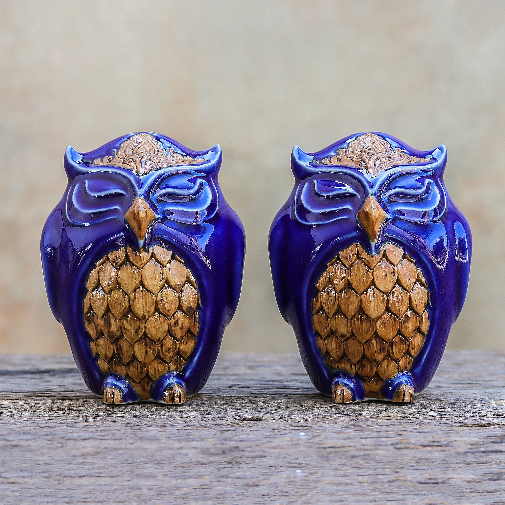 Ceramic Owl Salt And Pepper Shakers In Blue Pair Calm Owls In