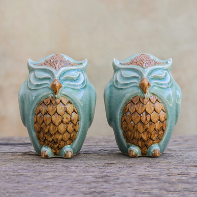 Salero y pimentero de cerámica Celadon, 'Calm Owls in Green' (par) - Salero y pimentero de cerámica Celadon (par)