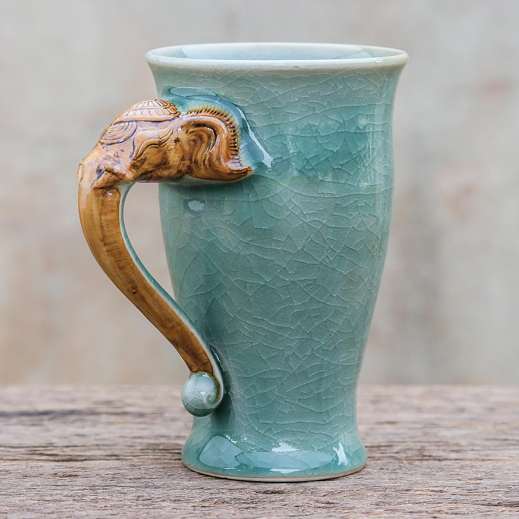 Celadon Ceramic Elephant Mug in Green from Thailand (10 oz.) - Elephant  Handle in Green