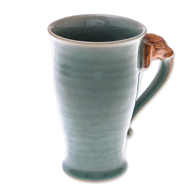 Celadon ceramic mug, 'Elephant Handle in Green' - Elephant-Themed Celadon Ceramic Mug from Thailand