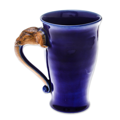Celadon ceramic mug, 'Elephant Handle in Blue' - Thai Elephant-Themed Celadon Ceramic Mug in Blue