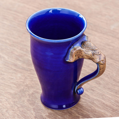 Taza de cerámica celadón - Taza de cerámica Celadon con temática de elefante tailandés en azul