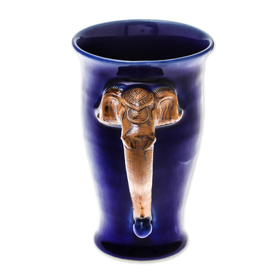 Celadon ceramic mug, 'Elephant Handle in Blue' - Thai Elephant-Themed Celadon Ceramic Mug in Blue