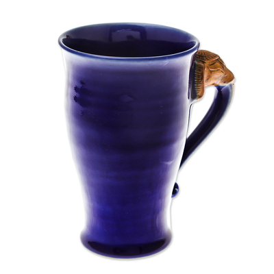 Taza de cerámica celadón - Taza de cerámica Celadon con temática de elefante tailandés en azul