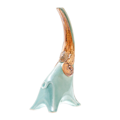 Celadon ceramic vase, 'Cheerful Trumpet' - Celadon Ceramic Elephant Vase from Thailand