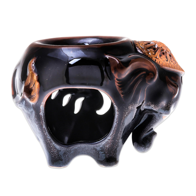 Ölwärmer aus Keramik - Elefanten-Ölwärmer aus Keramik in Braun aus Thailand