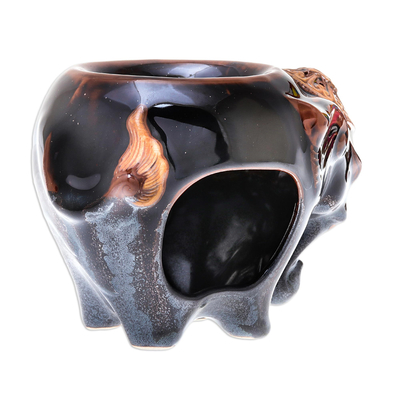 Ölwärmer aus Keramik - Elefanten-Ölwärmer aus Keramik in Braun aus Thailand