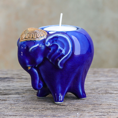 Teelichthalter aus Keramik - Handgefertigter Elefanten-Teelichthalter aus Keramik in Blau