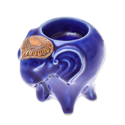 Handcrafted Ceramic Elephant Tealight Holder in Blue