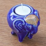 Ceramic tealight holder, 'Serene Elephant' - Handcrafted Ceramic Elephant Tealight Holder in Blue