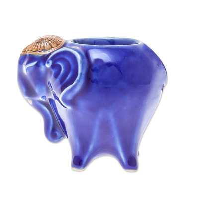 Ceramic tealight holder, 'Serene Elephant' - Handcrafted Ceramic Elephant Tealight Holder in Blue