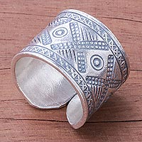 Sterling silver wrap ring, 'Lanna Promise' - Cross Pattern Sterling Silver Wrap Ring from Thailand