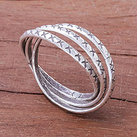 Silver band ring, 'Crossed Trinity' - Cross Pattern Karen Silver Band Ring from Thailand