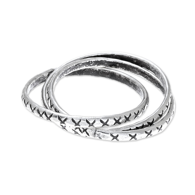 Silver band ring, 'Crossed Trinity' - Cross Pattern Karen Silver Band Ring from Thailand