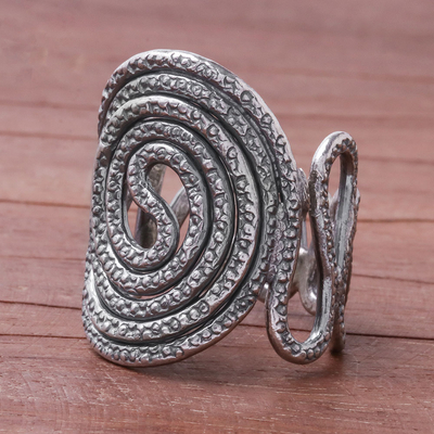 Silver cocktail ring, 'Oxidized Karen Promise' - Oxidized Karen Silver Spiral Pattern Cocktail Ring