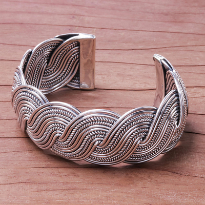 Sterling silver cuff bracelet, 'Serpentine Elegance' - Serpentine Intertwined Sterling Silver Bands Cuff Bracelet