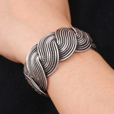 Sterling silver cuff bracelet, 'Serpentine Elegance' - Serpentine Intertwined Sterling Silver Bands Cuff Bracelet