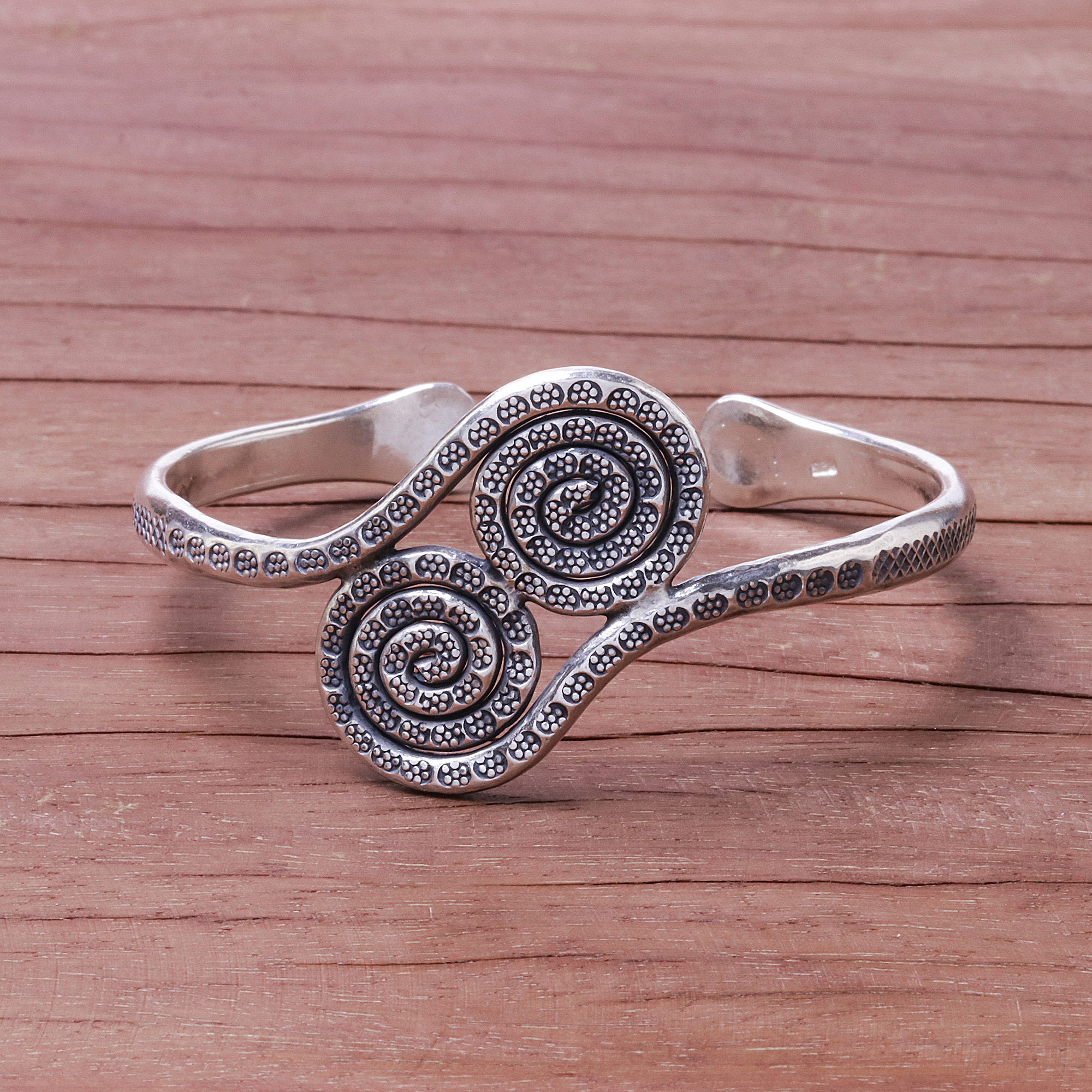 950 Silver Hill Tribe Spiral Cuff Bracelet from Thailand - Silver Spirals