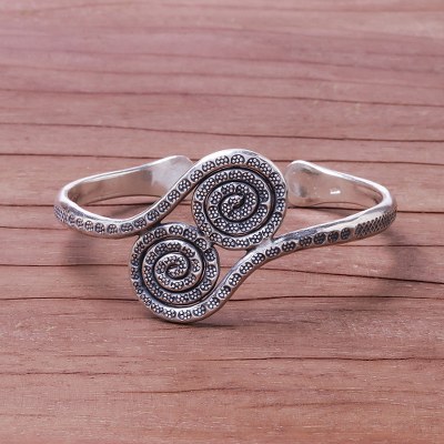 Silver cuff bracelet, 'Silver Spirals' - 950 Silver Hill Tribe Spiral Cuff Bracelet from Thailand