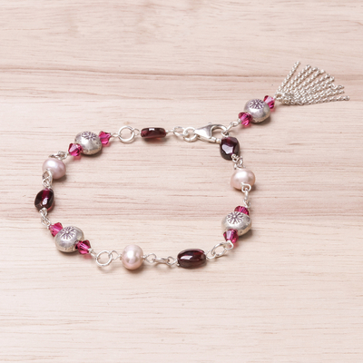 Garnet and cultured pearl charm bracelet, 'Tangy Sweet' - Garnet and Cultured Pearl Sterling Silver Charm Bracelet