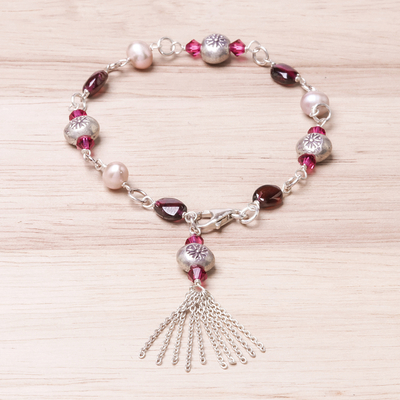 Garnet and cultured pearl charm bracelet, 'Tangy Sweet' - Garnet and Cultured Pearl Sterling Silver Charm Bracelet