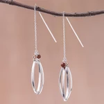 Sterling silver with glass bead accent threader earrings, 'Nested Windows' - Double Ellipse on Chain Sterling Silver Threader Earrings