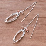 Sterling silver with glass bead accent threader earrings, 'Nested Windows' - Double Ellipse on Chain Sterling Silver Threader Earrings