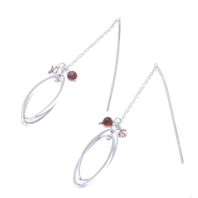 Sterling silver with glass bead accent threader earrings, 'Nested Windows' - Double Ellipse on Chain Sterling Silver Threader Earrings