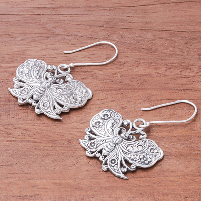 Sterling silver dangle earrings, 'Fluttering Butterfly' - Handmade 925 Sterling Silver Butterfly Dangle Earrings