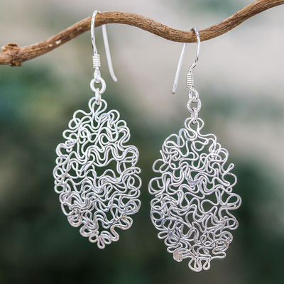 Sterling silver dangle earrings, 'Opulent Chaos' - Sterling Silver Twisted and Coiled Wire Oval Dangle Earrings