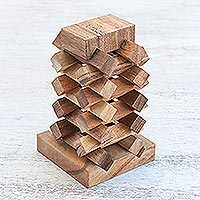 Wood puzzle, 'Tower of Pisa' - 18-Piece Raintree Wood Tower Puzzle from Thailand