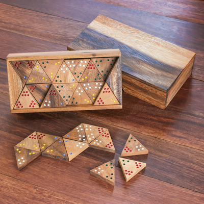 Wood triangular domino set, 'Triple Threat' - Wood 3-Sided Domino Set Crafted in Thailand