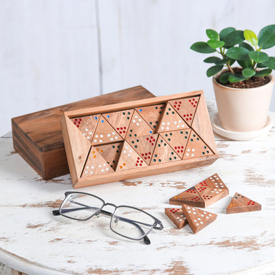 Wood triangular domino set, 'Triple Threat' - Wood 3-Sided Domino Set Crafted in Thailand